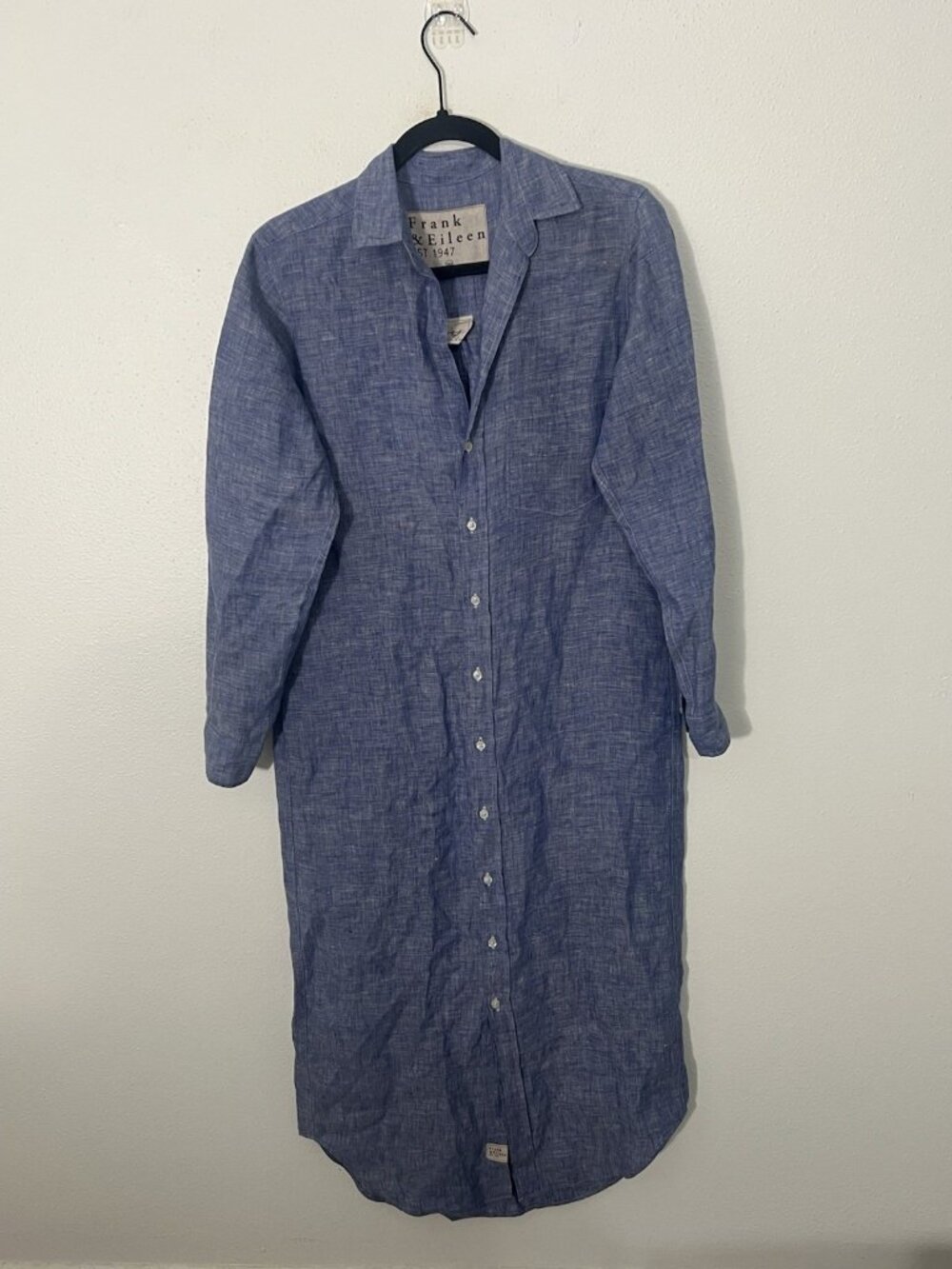 FRANK AND EILEEN Rory Shirt Dress 100% Linen Size XXS Blue Maxi Button Down